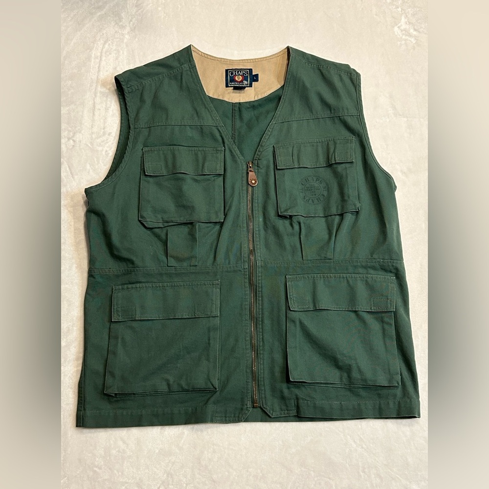 VTG Chaps Ralph Lauren Field Utility Green Pocket Cargo Vest Full Zip Fishing LG